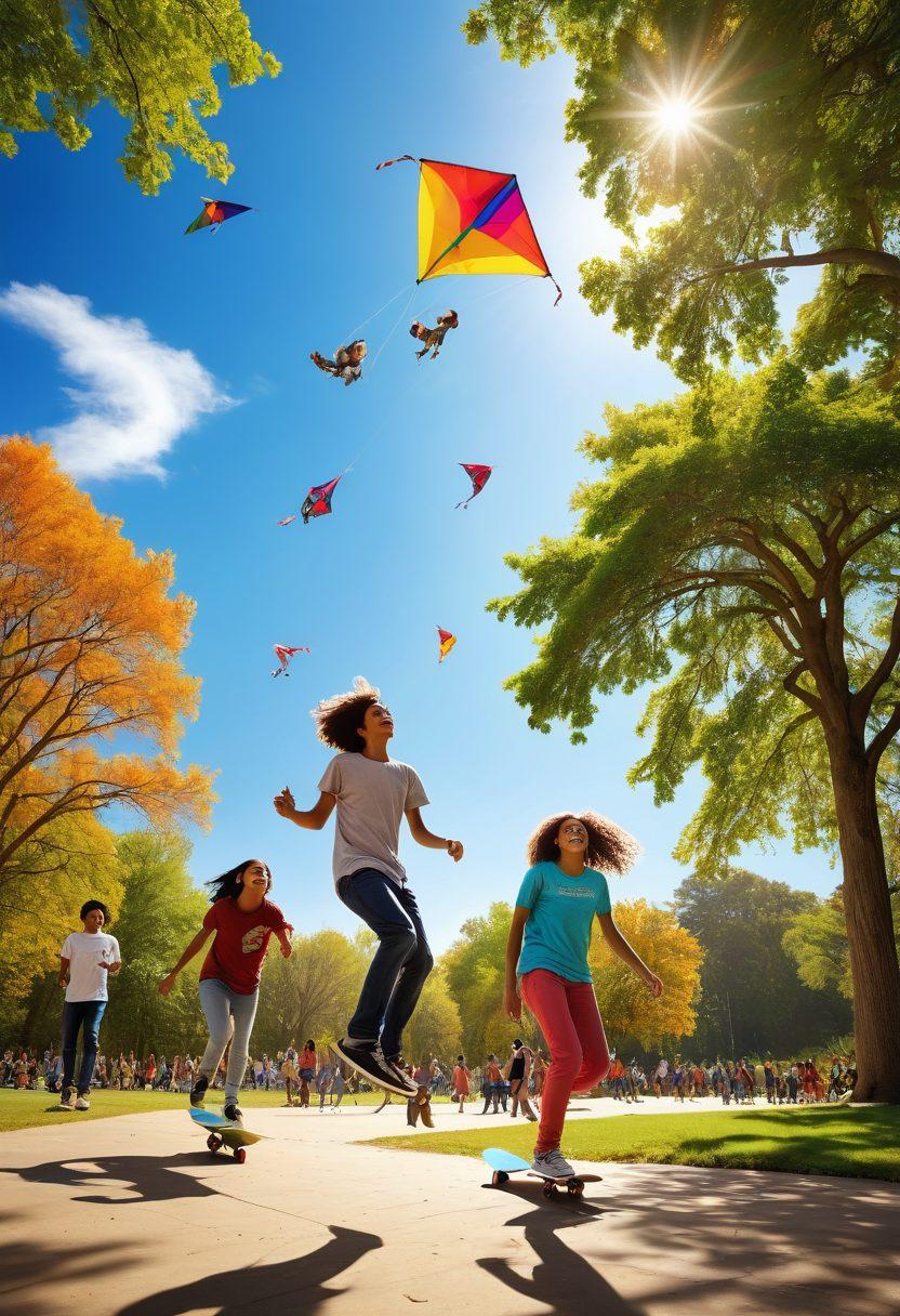 A vivid scene of a diverse group of teenagers engaging in various playful activities like skateboarding, drawing, and outdoor games in a sunlit park. Include elements of laughter, creativity, and friendship, with colorful kites flying in the background and trees swaying with a gentle breeze. Emphasize a sense of freedom and joy in their expressions. vibrant colors. super-realistic. bright blue sky.