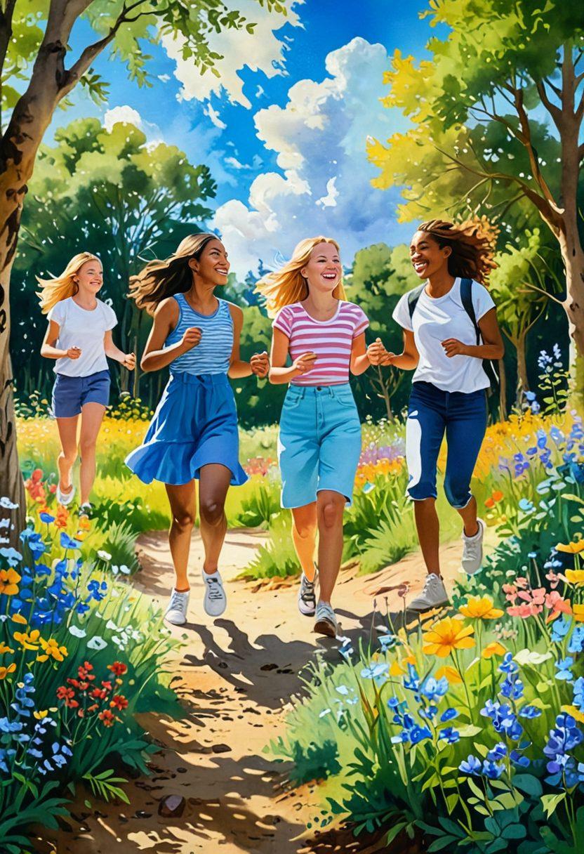 A vibrant, uplifting scene of diverse teenagers laughing and exploring a nature trail, surrounded by colorful wildflowers under a bright blue sky. They are engaged in various joyful activities like painting, playing music, and hiking, showcasing creativity and friendship. Emphasize a sense of connection and positivity, with rays of sunlight enhancing the cheerful atmosphere. watercolor style. bright colors. natural setting.