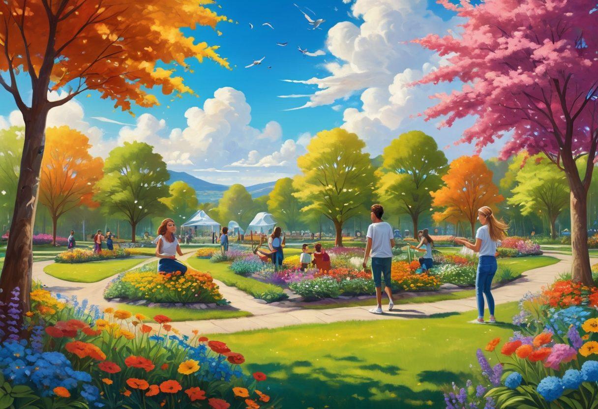 A lively scene of diverse teenagers engaging in various joyful activities, such as gardening, painting, and playing music in a sunny park. Vibrant colors fill the landscape, symbolizing positive energy and creativity. Each teenager is shown expressing joy and connection, surrounded by blooming flowers and colorful art pieces. The background features a bright blue sky and fluffy clouds, enhancing the sense of optimism and growth. Illustrative style with a warm, inviting atmosphere.